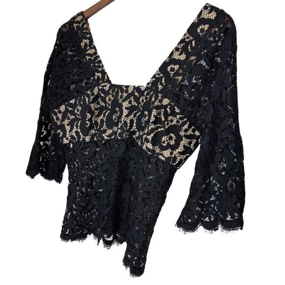 TRINA‎ TURK Black Lace 3/4 Sleeve Sheer Blouse Fringe Whimsigoth Vamp Baddie M - Picture 1 of 9